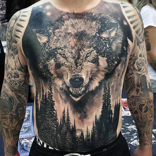 Wolf tattoo in front body