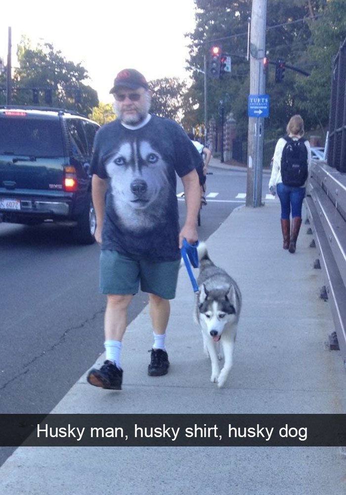 Husky man, husky shirt, husky dog