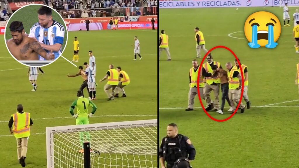 Crazed fan tries to get Lionel Messi to sign shirtless body on field